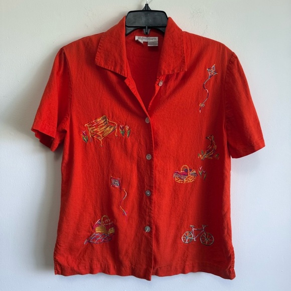 dressbarn Tops - Vintage Dressbarn Orange Linen Embroidered Top Picnic Grandmacore Boho Sz 6